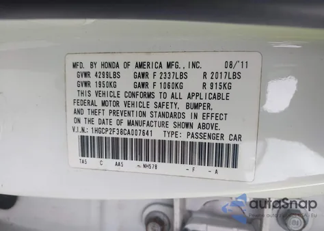 2012 Honda Accord 2.4 Lx z USA, uszkodzony, nr VIN 1HGCP2F38CA007641